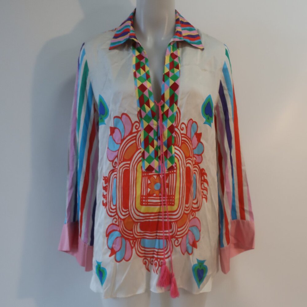 NWT Womens Me369 (Item- 86) Multicolor Mia Tie Collar Tiger Print Blouse Top L - Picture 4 of 10